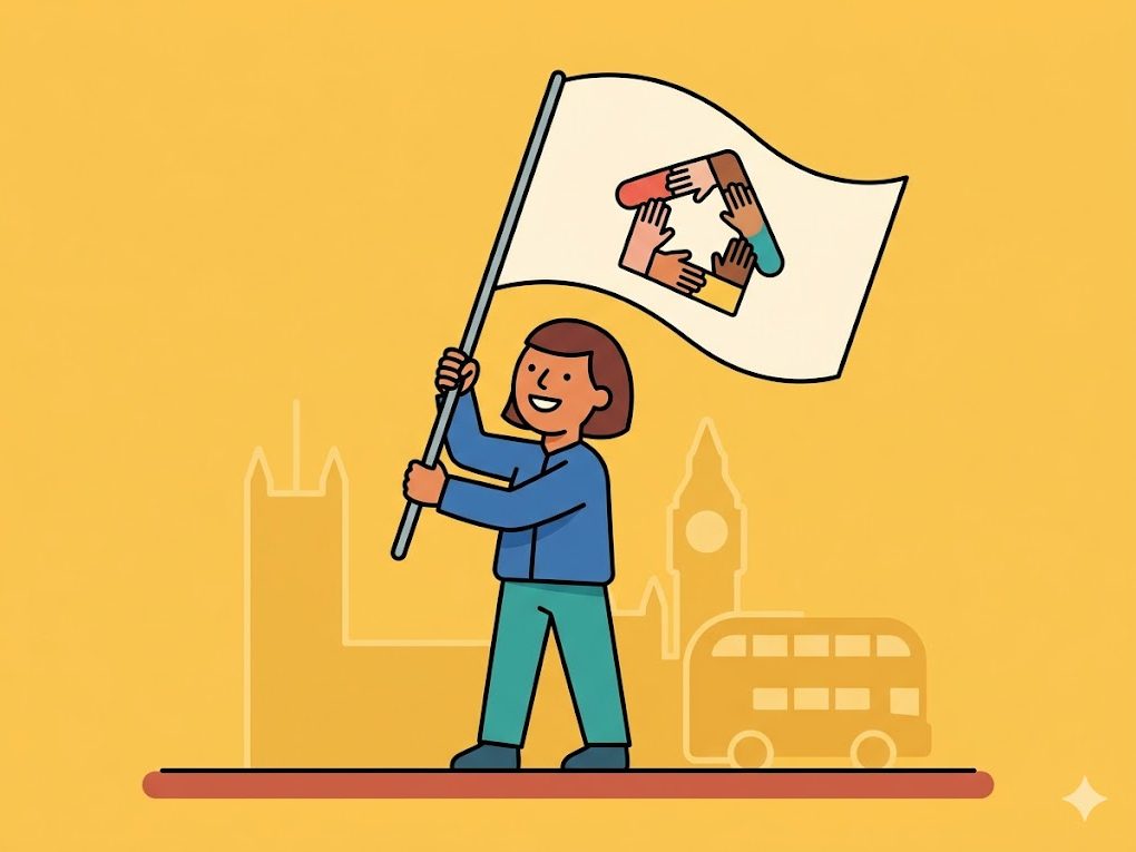 diverse crowd marching together London street