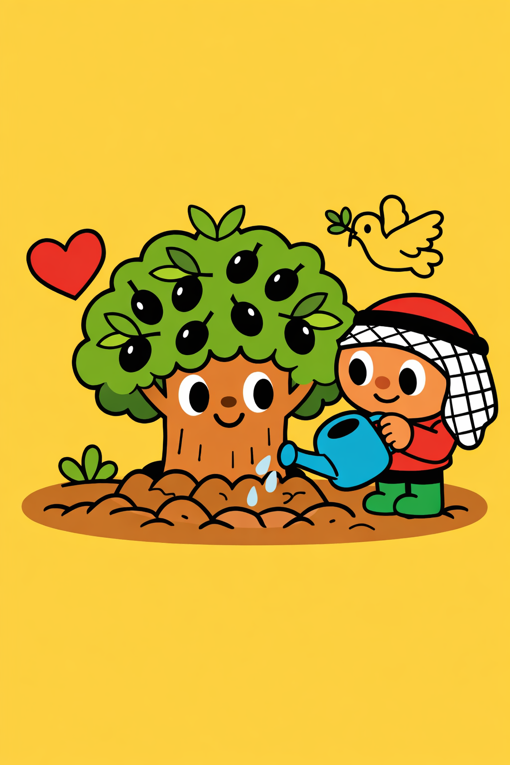 Illustration of olive trees planted West Bank restoration. Context: Agricultural restoration creates jobs, food security, and cultural continuity in a region marked by conflict.