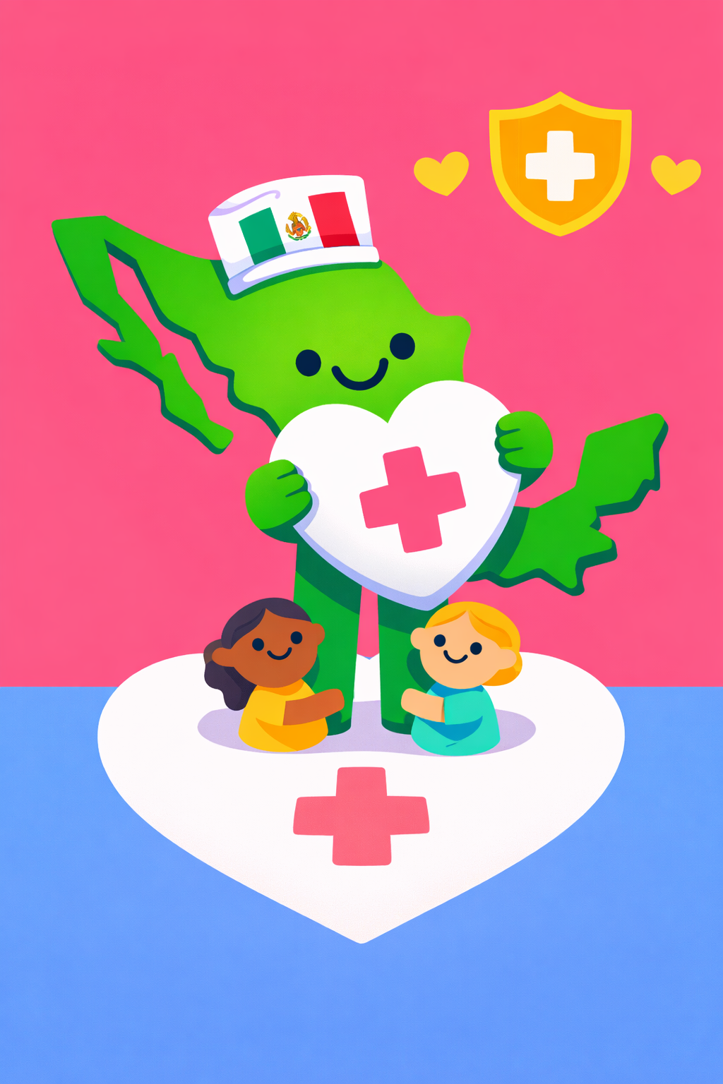 Illustration of Mexican patients doctors hospital clinic healthcare access. Context: Universal healthcare access removes enrollment barriers for millions facing fragmented, employm