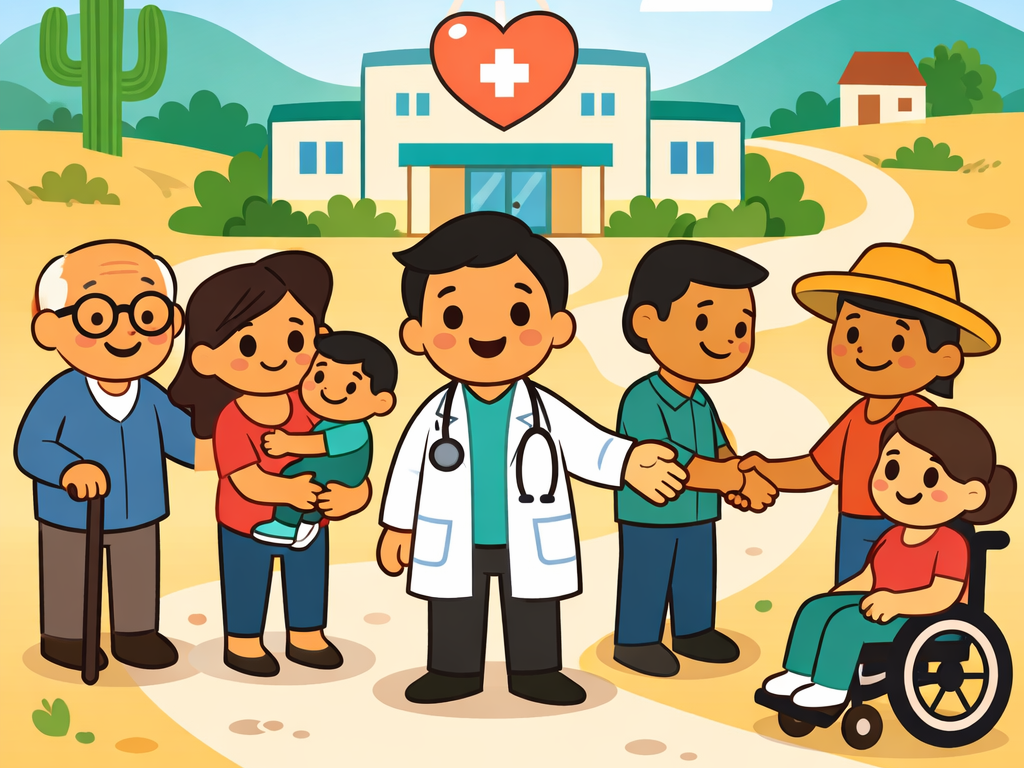 Illustration of Mexican patients doctors hospital clinic healthcare access. Context: Universal healthcare access removes enrollment barriers for millions facing fragmented, employm