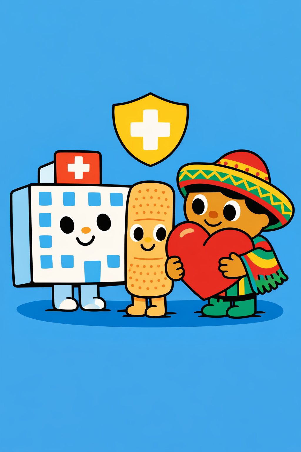 Illustration of Mexican patients doctors hospital clinic healthcare access. Context: Universal healthcare access removes enrollment barriers for millions facing fragmented, employm