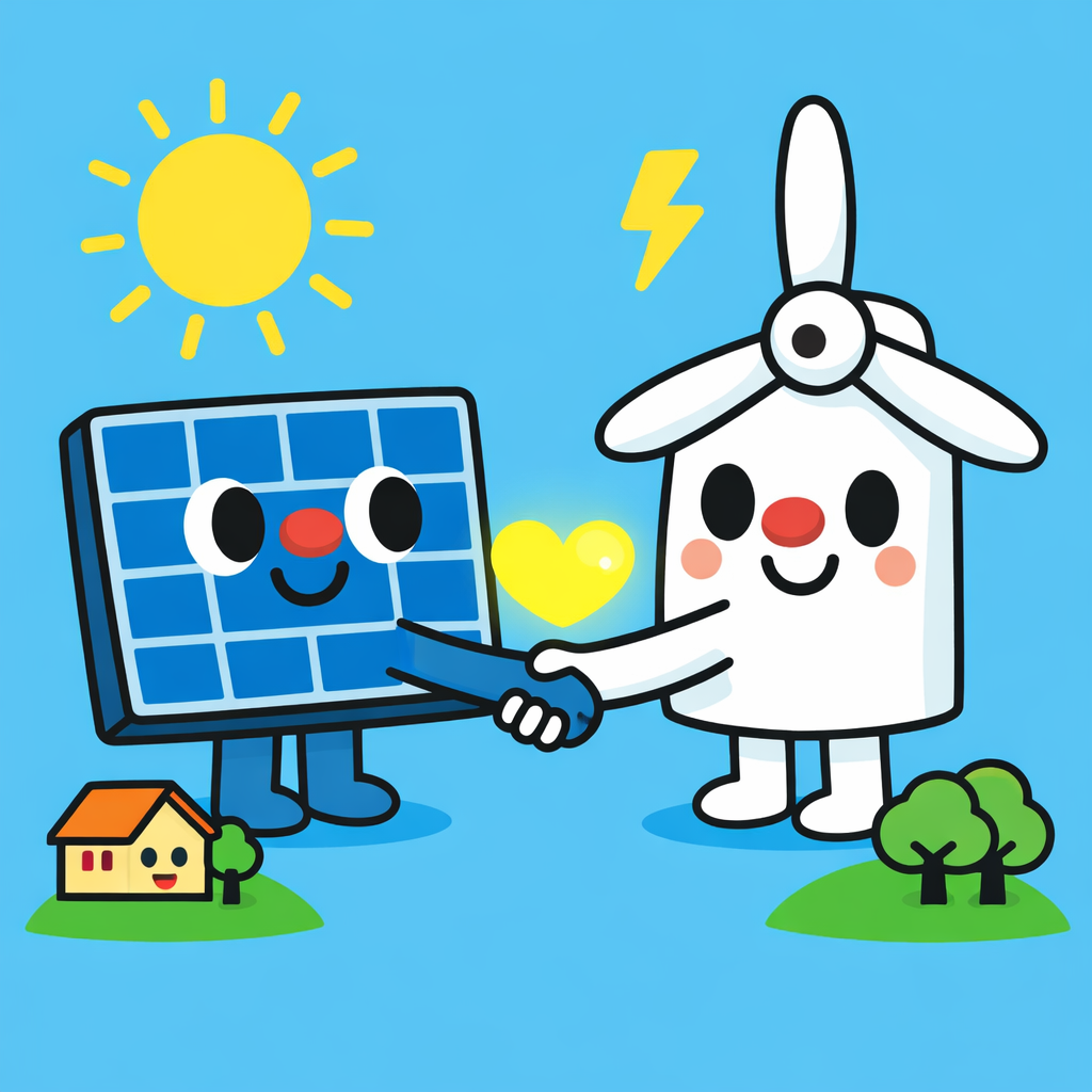 Illustration of community solar panels on neighbourhood buildings, people installing renewable energy together. Context: Communities gain energy independence and economic benefit w