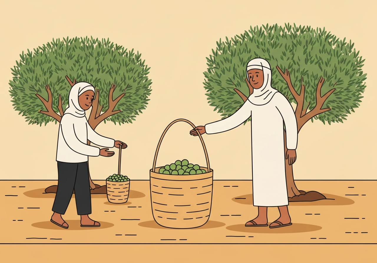 Illustration of olive trees planted West Bank farmers. Context: Olive cultivation restores land, preserves cultural heritage, and provides sustainable livelihoods.