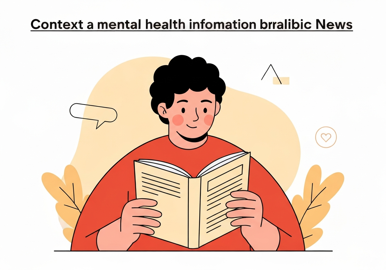 Illustration of person reading mental health brochure pamphlet. Context: Accessible mental health information removes barriers to understanding and seeking help for those in need.