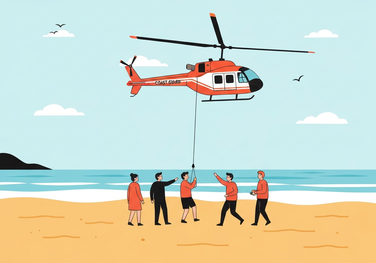 Illustration of Coast Guard helicopter rescue stranded people beach sand. Context: Quick thinking and visible signals enabled rescuers to find stranded people in dangerous conditio