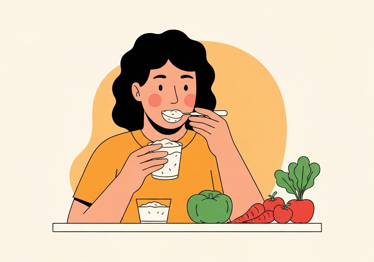 Illustration of person eating yogurt fermented foods fresh vegetables. Context: Physical wellness directly influences mental health through the gut-brain connection, offering acces