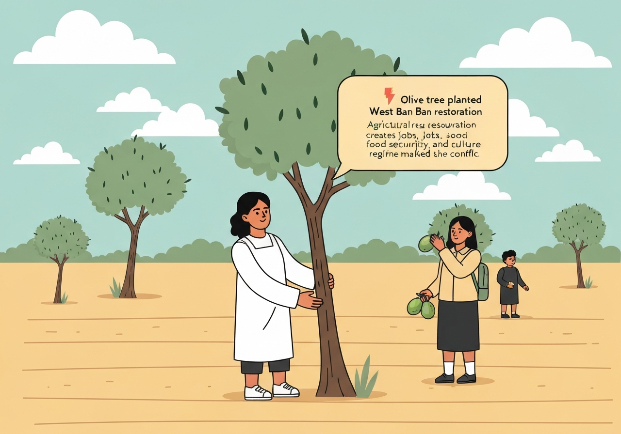 Illustration of olive trees planted West Bank restoration. Context: Agricultural restoration creates jobs, food security, and cultural continuity in a region marked by conflict.