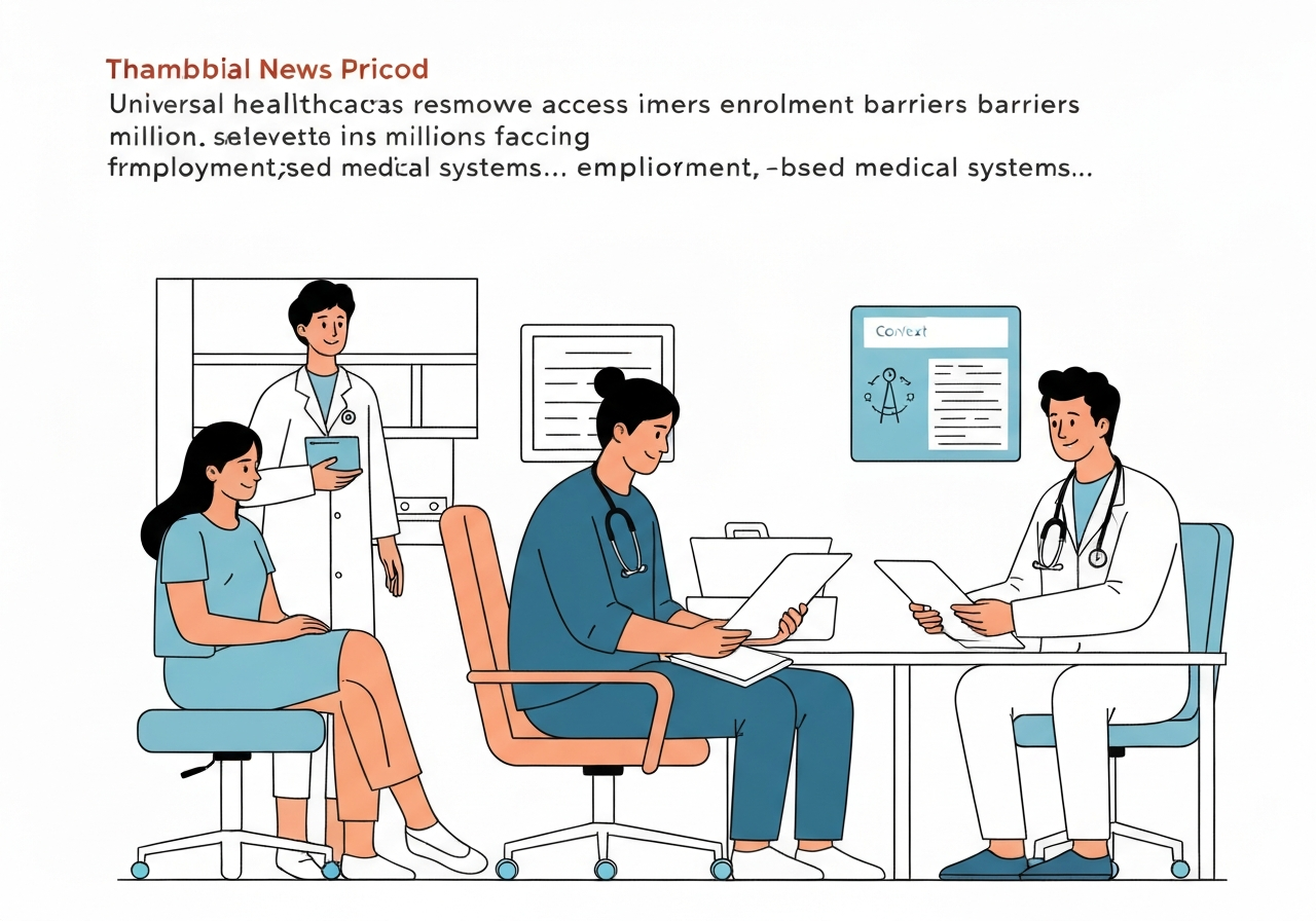 Illustration of Mexican patients doctors hospital healthcare clinic. Context: Universal healthcare access removes enrollment barriers for millions facing fragmented, employment-bas